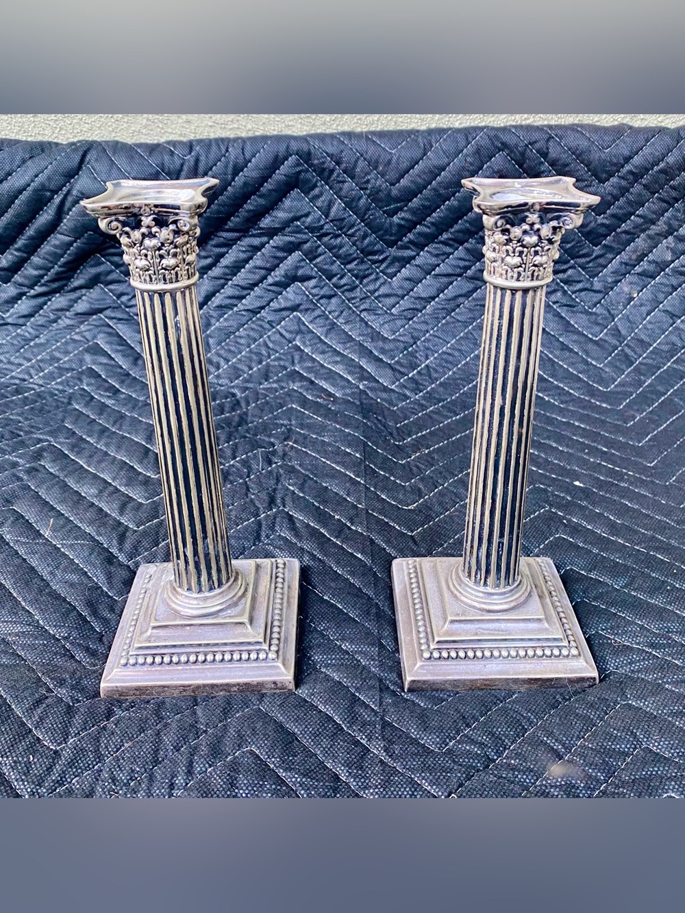Pair of Vintage Silver-Plated Gorham Corinthian Column Candle Holders 8" Tall